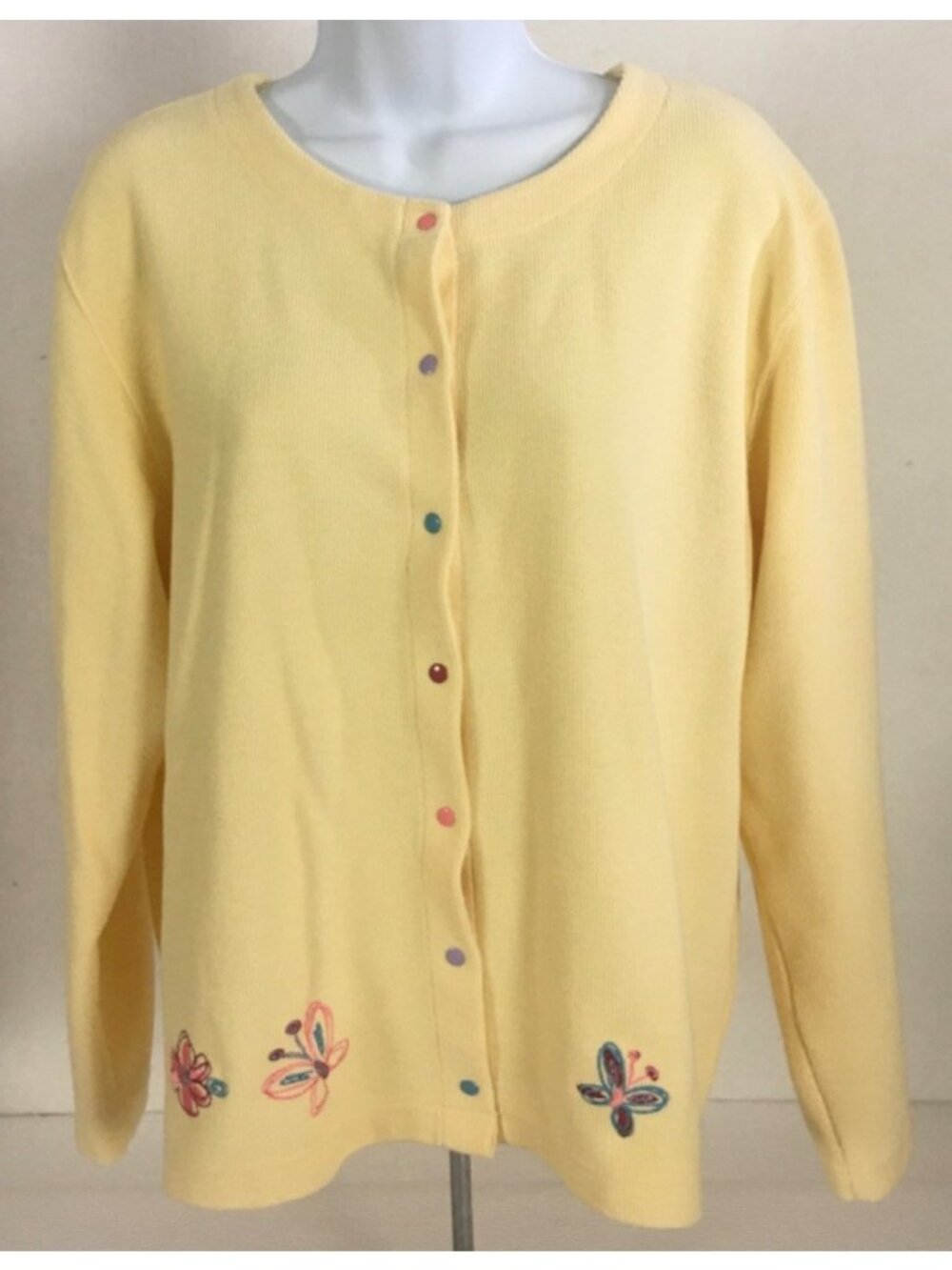 Christopher n Banks Cardigan Top Size XL Yellow Snap Down Embroidery Butterflies